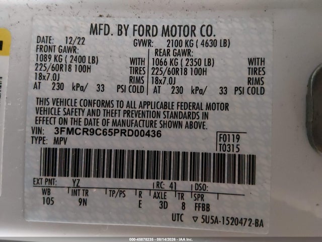 45878235 :رقم المزاد ، 3FMCR9C65PRD00436 vin ، 2023 Ford Bronco Sport Outer Banks مزاد بيع