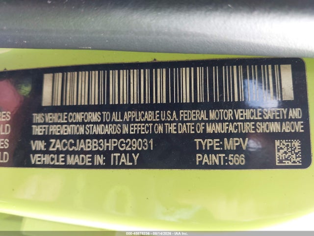 Продажа на аукционе авто 2017 Jeep Renegade Latitude, vin: ZACCJABB3HPG29031, номер лота: 45878236