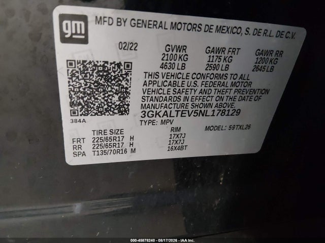 2022 Gmc Terrain Awd Sle მანქანა იყიდება აუქციონზე, vin: 3GKALTEV5NL178129, აუქციონის ნომერი: 45878240