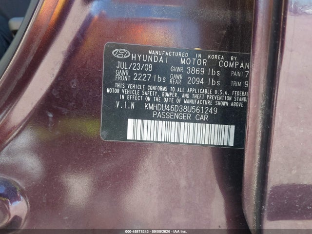 2008 Hyundai Elantra Gls/se მანქანა იყიდება აუქციონზე, vin: KMHDU46D38U561249, აუქციონის ნომერი: 45878243