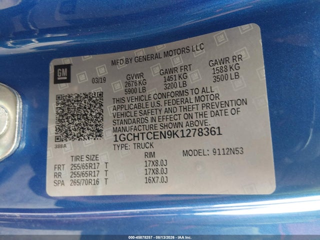 Aukcja sprzedaży 2019 Chevrolet Colorado Lt, vin: 1GCHTCEN9K1278361, numer aukcji: 45878257