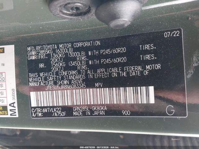 Aukcja sprzedaży 2022 Toyota 4runner Trd Sport, vin: JTESU5JR8N6083345, numer aukcji: 45878259