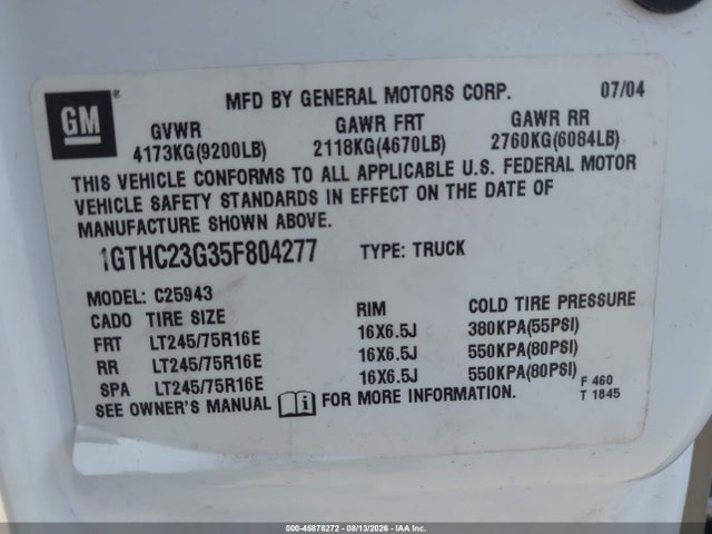 45878272 :رقم المزاد ، 1GTHC23G35F804277 vin ، 2005 Gmc Sierra 2500hd Sle مزاد بيع