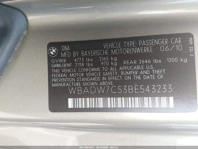 45878274 :رقم المزاد ، WBADW7C53BE543233 vin ، 2011 Bmw 328i مزاد بيع
