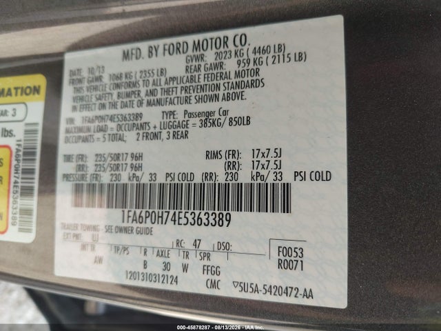 Продаж на аукціоні авто 2014 Ford Fusion Se, vin: 1FA6P0H74E5363389, номер лоту: 45878287