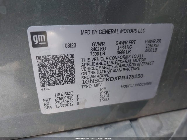 2023 Chevrolet Suburban 2wd Premier მანქანა იყიდება აუქციონზე, vin: 1GNSCFKDXPR478250, აუქციონის ნომერი: 45878307