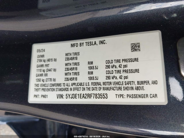 5YJ3E1EA2RF783553 Tesla Model 3 Long Range Dual Motor All-wheel Drive/rear-wheel Drive