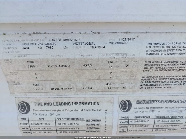 Продаж на аукціоні авто 2018 Forest River Wildwood 273qbxl, vin: 4X4TWDC26J7360490, номер лоту: 45878330