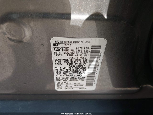 45878333 :رقم المزاد ، JN8AT2MV9GW137088 vin ، 2016 Nissan Rogue S مزاد بيع
