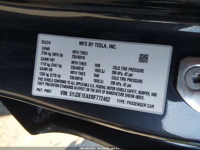 2024 Tesla Model 3 Long Range Dual Motor All-wheel Drive/rear-wheel Drive მანქანა იყიდება აუქციონზე, vin: 5YJ3E1EAXRF772462, აუქციონის ნომერი: 45878335