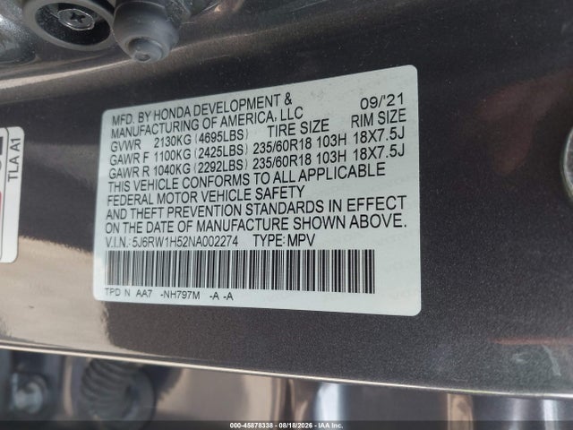 Продажа на аукционе авто 2022 Honda Cr-v 2wd Ex, vin: 5J6RW1H52NA002274, номер лота: 45878338