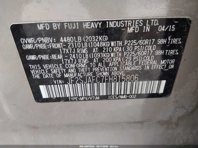 Aukcja sprzedaży 2015 Subaru Forester 2.5i Premium, vin: JF2SJAFC7FH815806, numer aukcji: 45878345