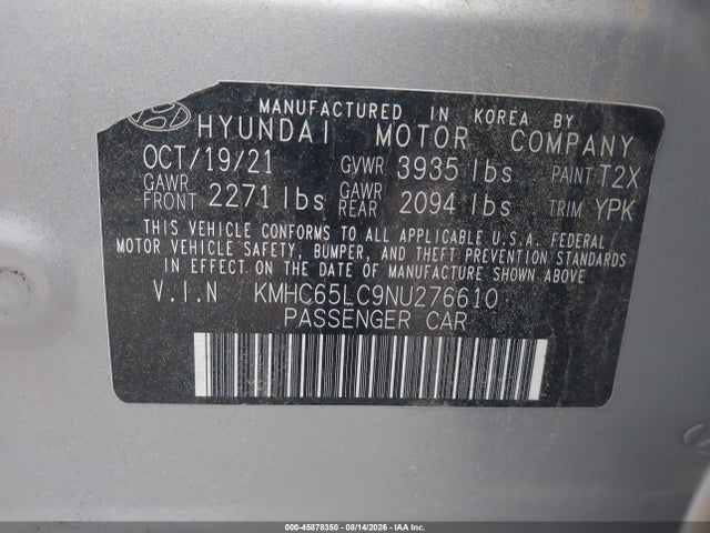 45878350 :رقم المزاد ، KMHC65LC9NU276610 vin ، 2022 Hyundai Ioniq Hybrid Blue مزاد بيع