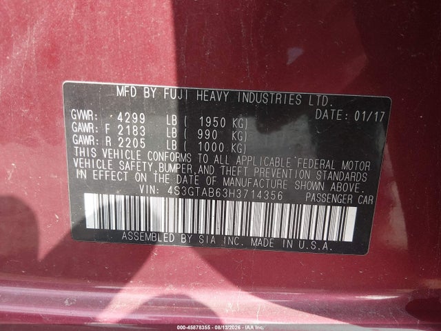 45878355 :رقم المزاد ، 4S3GTAB63H3714356 vin ، 2017 Subaru Impreza 2.0i Premium مزاد بيع