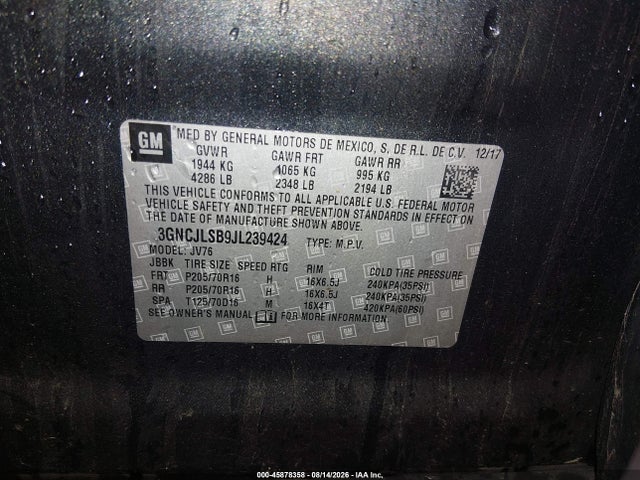 Продаж на аукціоні авто 2018 Chevrolet Trax Lt, vin: 3GNCJLSB9JL239424, номер лоту: 45878358