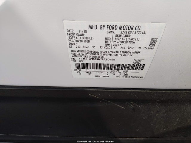 1FM5K7D89KGA60499 Ford EXPLORER XLT