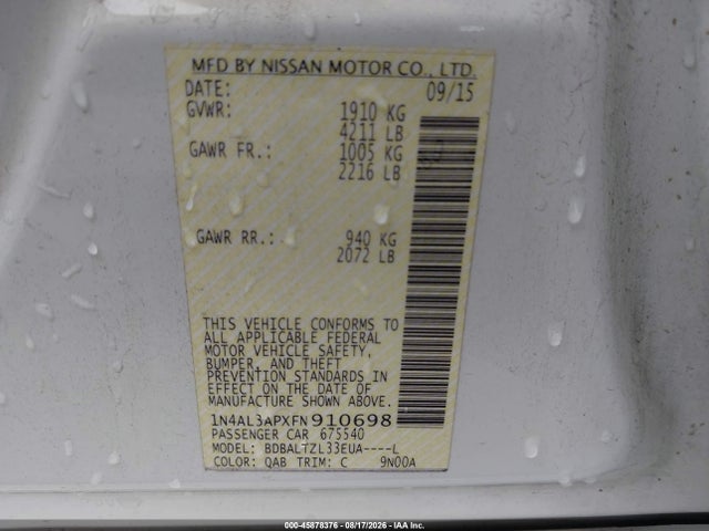 Aukcja sprzedaży 2015 Nissan Altima 2.5 Sl, vin: 1N4AL3APXFN910698, numer aukcji: 45878376