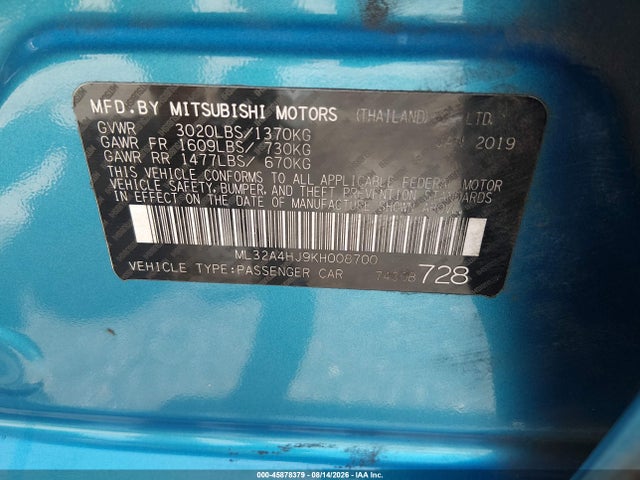 45878379 :رقم المزاد ، ML32A4HJ9KH008700 vin ، 2019 Mitsubishi Mirage Se مزاد بيع