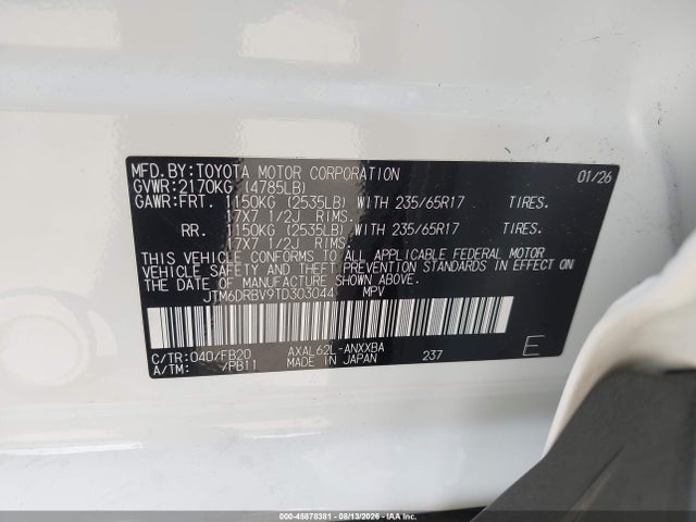 45878381 :رقم المزاد ، JTM6DRBV9TD303044 vin ، 2026 Toyota Rav4 Le مزاد بيع
