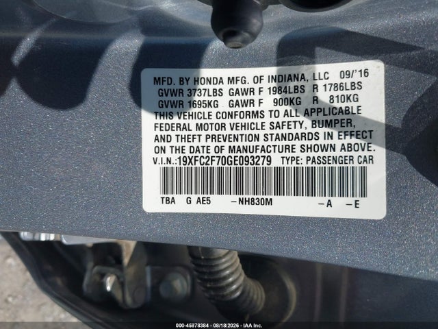 2016 Honda Civic Ex მანქანა იყიდება აუქციონზე, vin: 19XFC2F70GE093279, აუქციონის ნომერი: 45878384