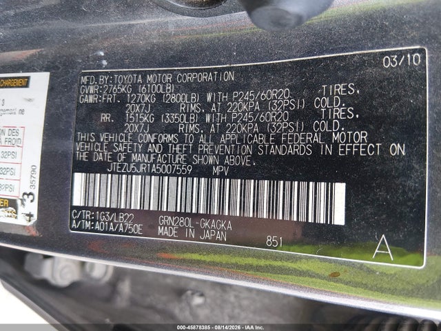 Aukcja sprzedaży 2010 Toyota 4runner Limited V6, vin: JTEZU5JR1A5007559, numer aukcji: 45878385