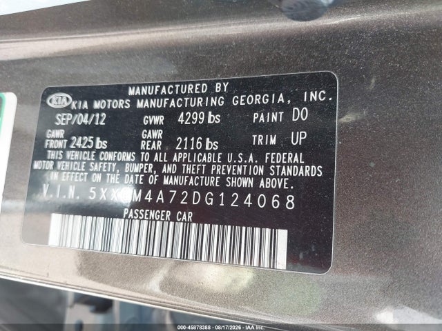 2013 Kia Optima Lx მანქანა იყიდება აუქციონზე, vin: 5XXGM4A72DG124068, აუქციონის ნომერი: 45878388