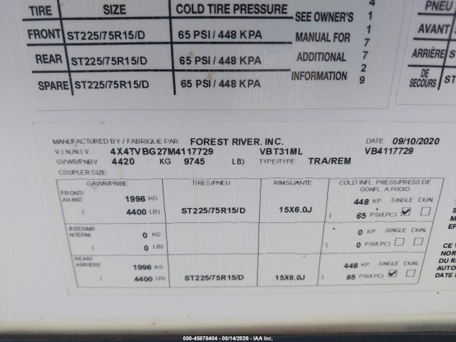 Продаж на аукціоні авто 2021 Forest River Vibe 34bh, vin: 4X4TVBG27M4117729, номер лоту: 45878404