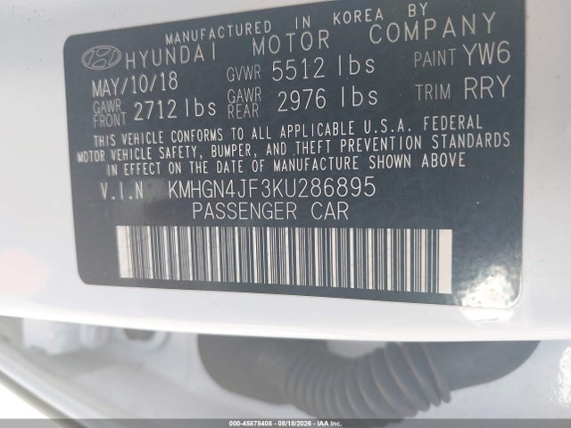 Auction sale of the 2019 Genesis G80 5.0 Ultimate, vin: KMHGN4JF3KU286895, lot number: 45878408