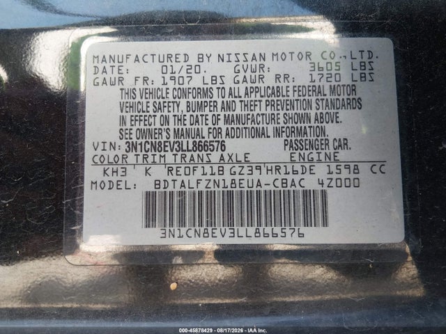 Aukcja sprzedaży 2020 Nissan Versa Sv Xtronic Cvt, vin: 3N1CN8EV3LL866576, numer aukcji: 45878429