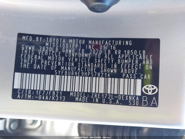5YFBURHE9HP578214 Toyota COROLLA LE