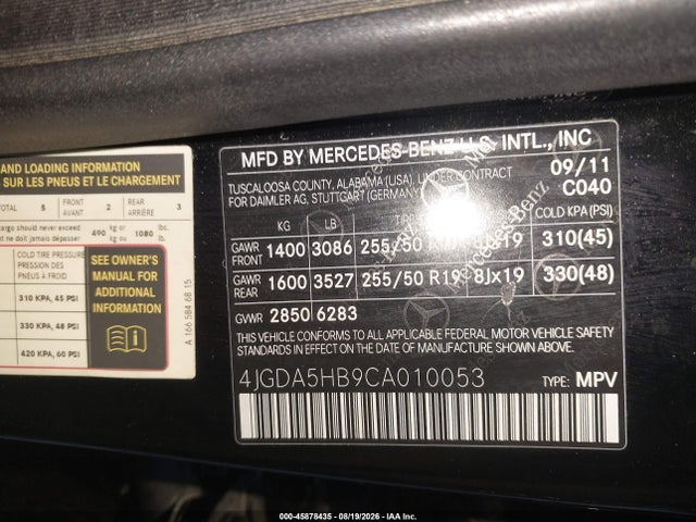 2012 Mercedes-benz Ml 350 4matic მანქანა იყიდება აუქციონზე, vin: 4JGDA5HB9CA010053, აუქციონის ნომერი: 45878435