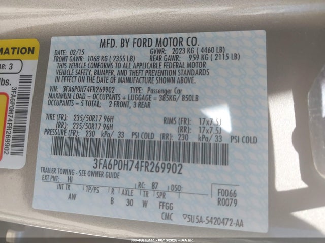 Продажа на аукционе авто 2015 Ford Fusion Se, vin: 3FA6P0H74FR269902, номер лота: 45878441