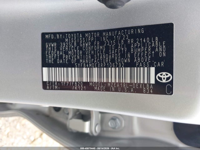 2024 Toyota Corolla Le მანქანა იყიდება აუქციონზე, vin: 5YFB4MDEXRP106792, აუქციონის ნომერი: 45878445