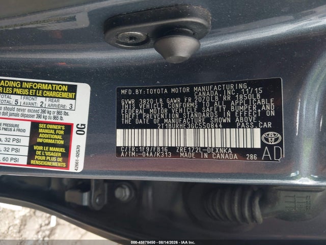 Aukcja sprzedaży 2016 Toyota Corolla Le, vin: 2T1BURHE3GC550844, numer aukcji: 45878450
