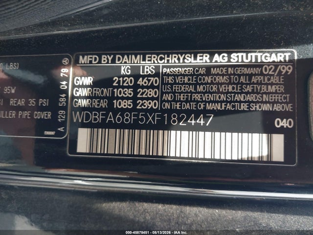 Aukcja sprzedaży 1999 Mercedes-benz Sl 500, vin: WDBFA68F5XF182447, numer aukcji: 45878451