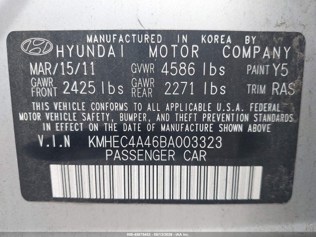 Aukcja sprzedaży 2011 Hyundai Sonata Hybrid, vin: KMHEC4A46BA003323, numer aukcji: 45878452