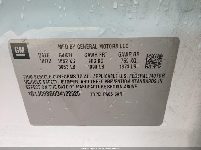 2013 Chevrolet Sonic Lt Auto მანქანა იყიდება აუქციონზე, vin: 1G1JC6SG6D4132325, აუქციონის ნომერი: 45878457