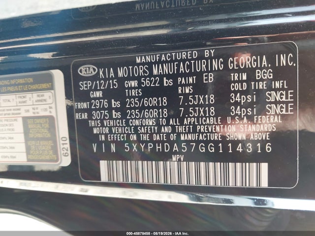 45878458 :رقم المزاد ، 5XYPHDA57GG114316 vin ، 2016 Kia Sorento 3.3l Ex مزاد بيع