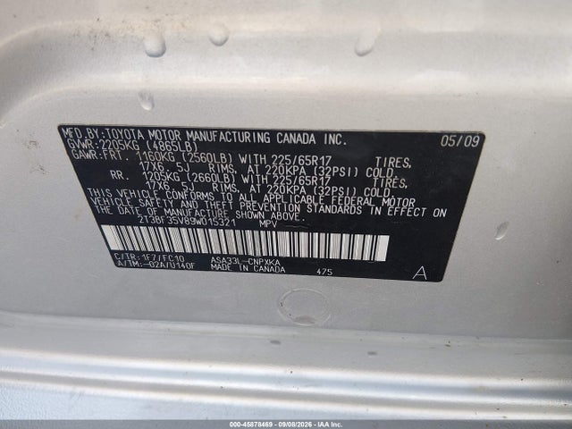 45878469 :رقم المزاد ، 2T3BF35V89W015321 vin ، 2009 Toyota Rav4 مزاد بيع