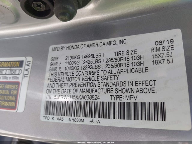 45878475 :رقم المزاد ، 5J6RW1H5XKA038824 vin ، 2019 Honda Cr-v Ex مزاد بيع