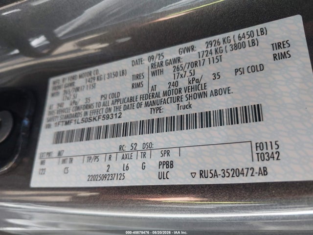 45878476 :رقم المزاد ، 1FTMF1L50SKF59312 vin ، 2025 Ford F-150 Xl مزاد بيع