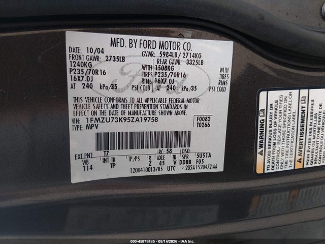 45878485 :رقم المزاد ، 1FMZU73K95ZA19758 vin ، 2005 Ford Explorer Xlt/xlt Sport مزاد بيع