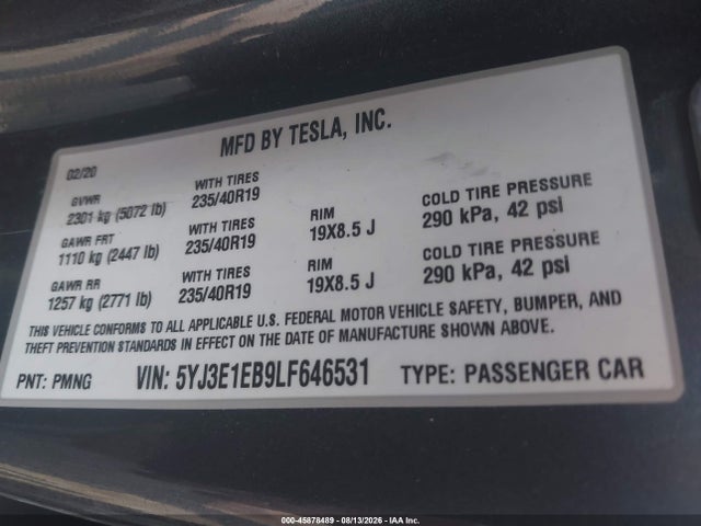 Tesla Model 3 Long Range Dual Motor All-wheel Drive 2020 5YJ3E1EB9LF646531 Image 9