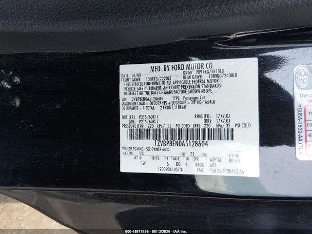 2010 Ford Mustang V6/v6 Premium მანქანა იყიდება აუქციონზე, vin: 1ZVBP8EN0A5128604, აუქციონის ნომერი: 45878496