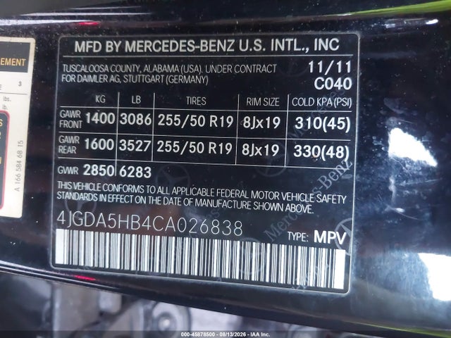 Aukcja sprzedaży 2012 Mercedes-benz Ml 350 4matic, vin: 4JGDA5HB4CA026838, numer aukcji: 45878500
