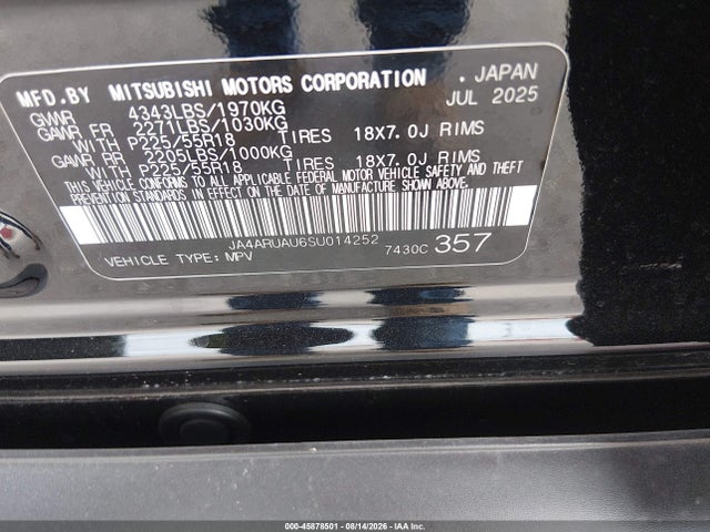 45878501 :رقم المزاد ، JA4ARUAU6SU014252 vin ، 2025 Mitsubishi Outlander Sport 2.0 Es Awc/2.0 Le Awc/2.0 S Awc/2.0 Se Awc/2.0 Trail Edition Awc مزاد بيع