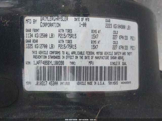 Продажа на аукционе авто 2000 Jeep Cherokee Sport, vin: 1J4FF48S6YL180398, номер лота: 45878506