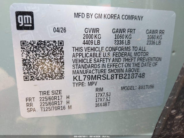 Продажа на аукционе авто 2026 Chevrolet Trailblazer Awd Lt, vin: KL79MRSL8TB218748, номер лота: 45878511