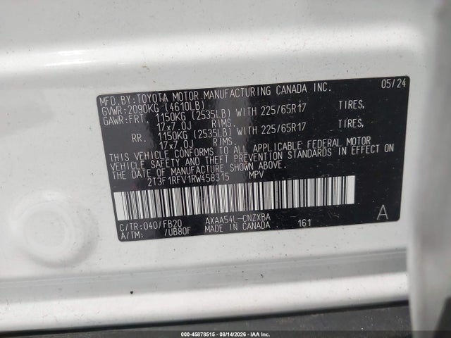 45878515 :رقم المزاد ، 2T3F1RFV1RW458315 vin ، 2024 Toyota Rav4 Le مزاد بيع