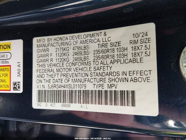 Aukcja sprzedaży 2025 Honda Cr-v Ex Awd, vin: 5J6RS4H4XSL011079, numer aukcji: 45878524